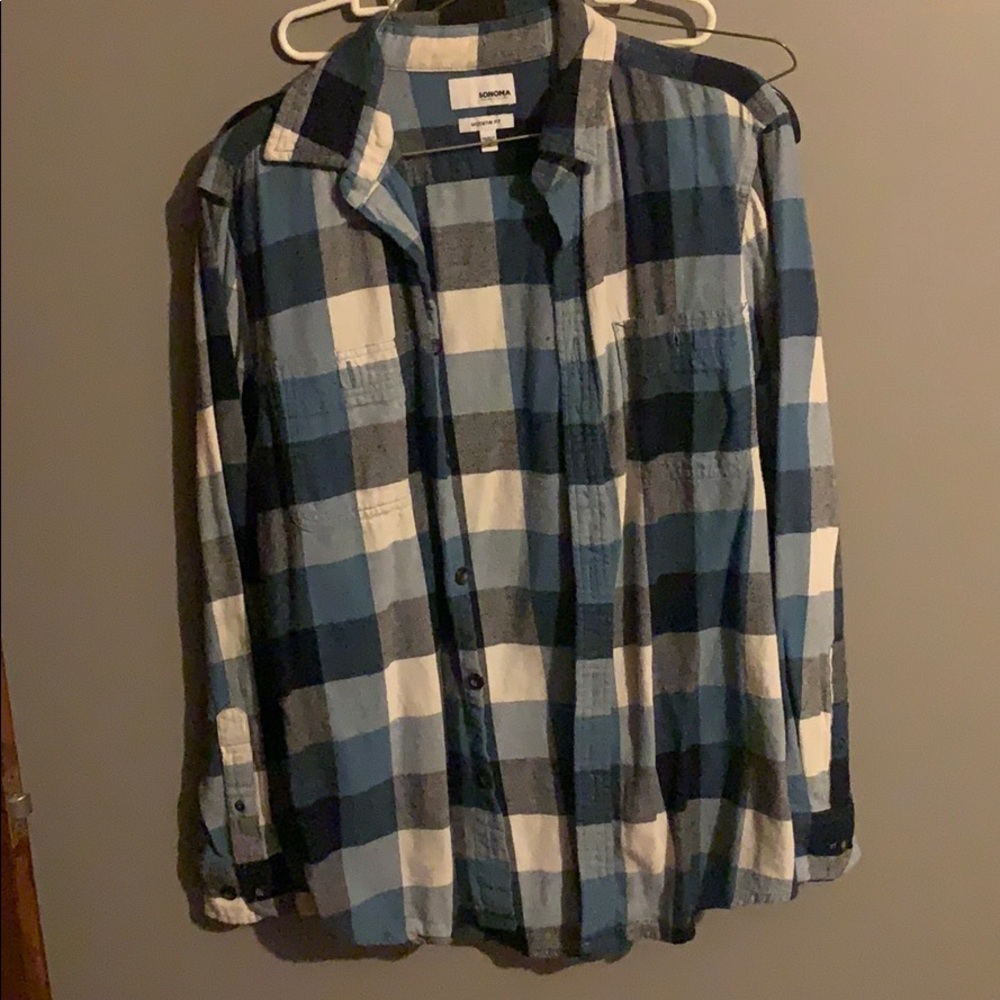 Blue and white thicker plaid button down